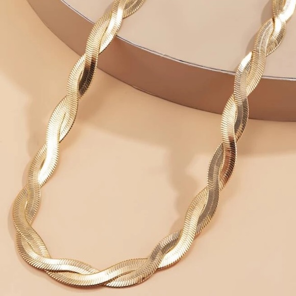 Gold Double Twisted Herringbone Snake Necklace-1 left - Picture 3 of 4